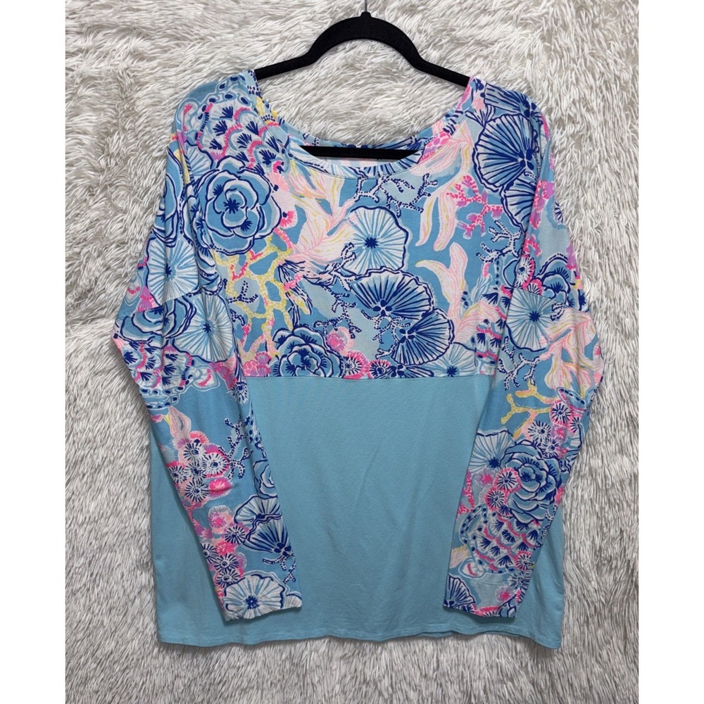 Lilly Pulitzer Finn Top Women's XL Blue Floral Boat Neck Long Sleeve Pima Cotton - Picture 5 of 7